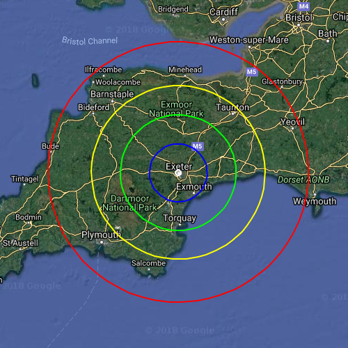 Travel Borders Map showing the travel distances